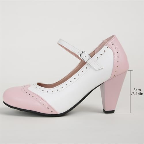 Women's Mary Jane Oxford Two Tone Pumps Vintage Round Closed with Ankle Strap Cute Low Kitten Heels Classic Cut-Out Tango Party Office Lady Pumps Dress Shoe2