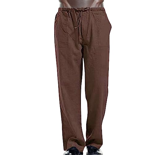 Men's Casual Linen Pants, Lightweight Elastic Waist Loose Fit Beach Yoga Trousers Travel Baggy Work Pant Pajama