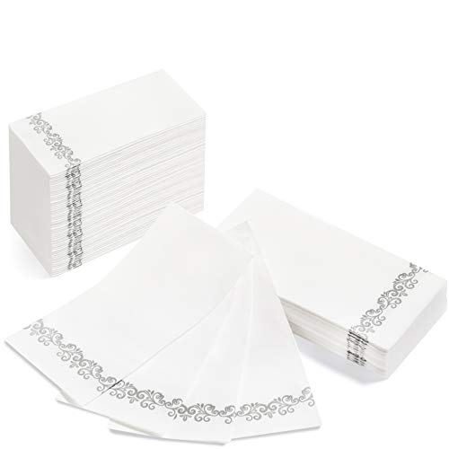 American Homestead Linen Feel Guest Towels Disposable Cloth Like Paper Hand Napkins Soft, Absorbent, Paper Hand Towels for Kitchen, Bathroom, Parties, Weddings, Dinners or Events (Silver Vintage, 100)