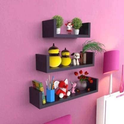 Image of Wooden Wall Mounted Shelf for Home Office, Decoration (Number of Shelves - 3) (Black)