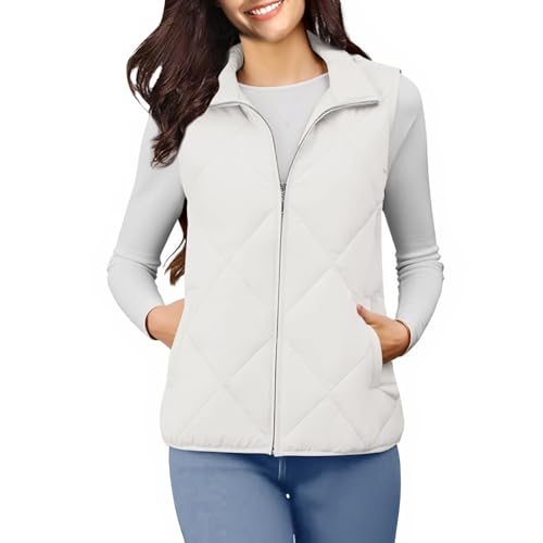 NSICBMNO White Gilet For Women Uk - Winter Jacket For Women Uk, Padded Gilet Ladies Gillette Body Warmer Padded Vests, Quilted With Pockets, Zip Up Vest Sleeveless Puffer Jacket Cotton Jackets