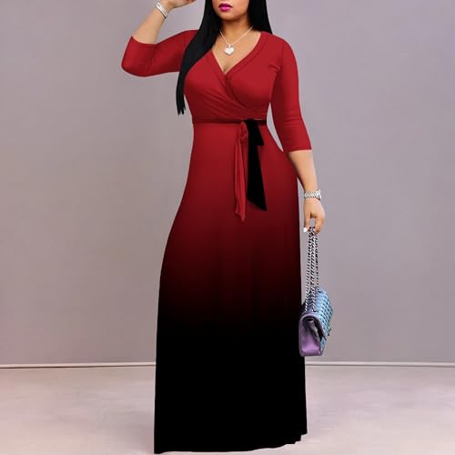 Image of PinkPatty Women's Plus Size Maxi Dress Casual 3 /4 Sleeve Dress with Belt | Soft stretch feel, printed style, flowy A-line fit, v neck, waist tie, side pockets, for vacation, party and daily wear