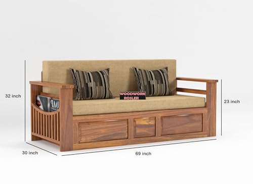 Image of Solid Sheesham Wooden Sofa Cums Bed with Mattresses for Living Room|Rosewood 3-Person Sofa Cums Bed for Bedroom Without Pillow (F-Walnut Finish)
