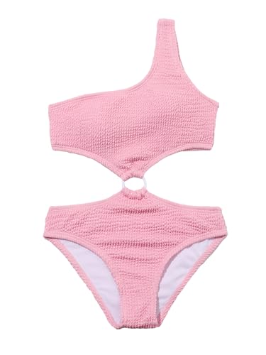 OYOANGLE Girl's Textured One Shoulder Ring Linked Tummy Control Bathing Suit Summer Beach One Pieces Swimsuits