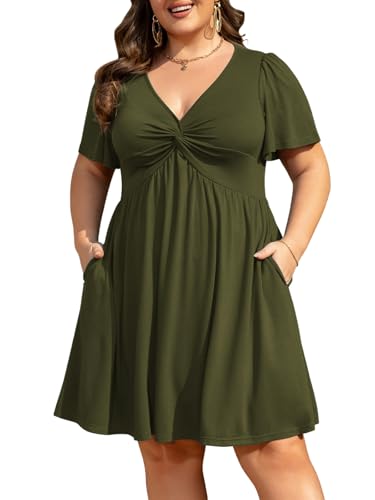 Image of Manllenshie Womens Plus Size Summer Dress Casual Short Sleeves Deep V Neck Twist Knot Front Flowy Dress with Pockets