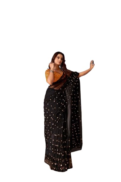 Satyam Creation Womens Black Butterfly Net with Floral Sequin Butti Work Designer Indian Traditional Wear Saree Blouse Size 40