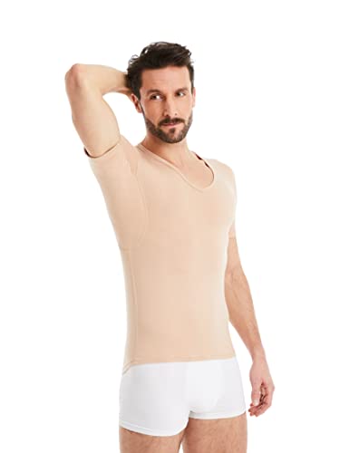 FINN Anti-Schweiß Shirt Herren mit V-Ausschnitt und integrierten Achselpads gegen Starkes Schwitzen - Unterhemd mit garantiertem Schutz vor Schweißflecken und Schweißgeruch Hautfarbe Nude XL