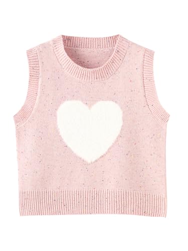 DAIMIDY Girl's Sleeveless Crew Neck Cute Heart Print Sweater Vests, A01Pink， 12-13 Years = Tag 170