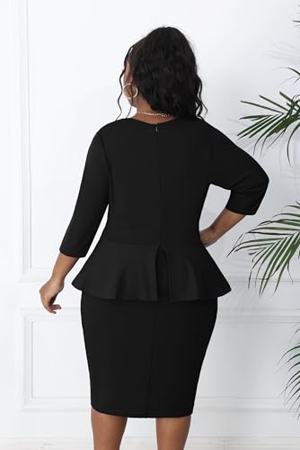 Runwind Plus Size Dress for Curvy Women Midi Church Wear to Work Bodycon Vintage Peplum 3/4 Sleeve Sheath Pencil Dress4