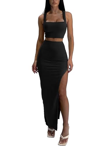 ELLEVEN Two Piece Maxi Skirt Sets for Women, Square Neck Tank Tops