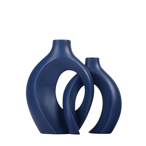 GINZER Nordic Bohemian Moderne Keramikvase Blau Kreativer Blumenbehälter Elegantes Blumendisplay mit hohlem Design 2er Set High End Home Decor Zubehör
