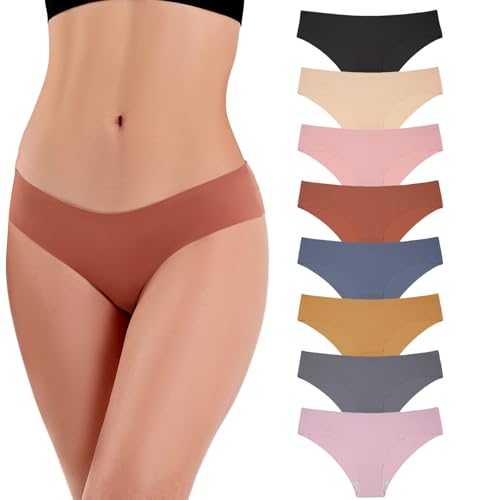 Double Couple 8 Pack Seamless No-Show Underwear Low Rise Soft Stretch Breathable Bikini Sets for Women (S-XL)