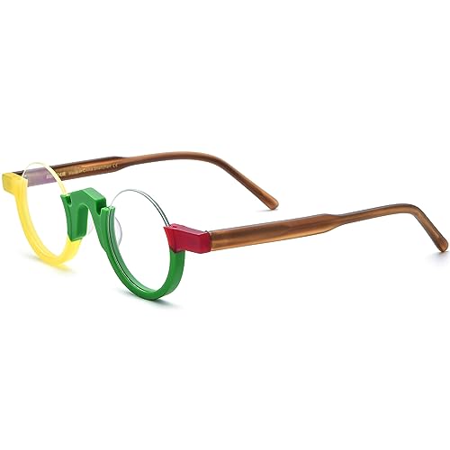 Image of HEPIDEM Matte Multicolor Acetate Glasses Frame Women,Semi Rimless Round Optical Eyeglasses