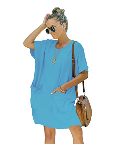 Image of Women's Casual Summer T Shirt Dress Elastic Loose Short Sleeve Dress with Pocket for Women