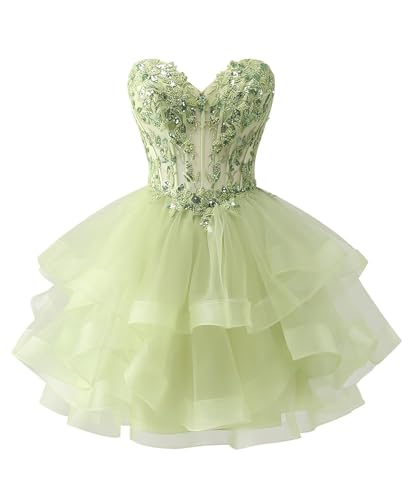 Zeeyecie Tiered Tulle Homecoming Dresses Strapless Lace Applique Beaded Short Prom Dress for Teens Quinceanera DAMA Dress