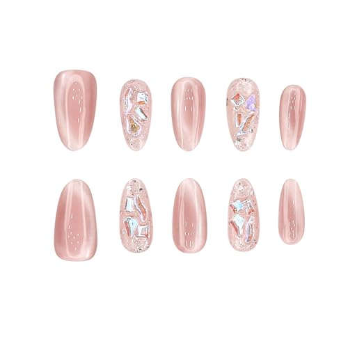 Yacey Handmade Press on Nails Short Almond, Reusable Soft Muti-Gel False Nails Press Ons, Cat Eye Thick Acrylic Fake Nails, 3D Artificial Bling Glossy Glue on Nails for Women Girls (10 Pcs, S)
