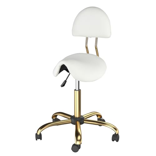 Bonnlo Saddle Stool with Wheels - Height Adjustable Swivel Stool with Backrest - for Salon Massage Home Kitchen Clinic, Weight Capacity 400lbs, White, Golden