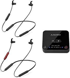 Avantree HT41866 Wireless Earbuds for TV Listening (Set of 2) with Bluetooth Transmitter & Dual Headphone Stand, Individual Volume Control, 20Hrs Neckband Earphones, Plug & Play, No Audio Delay