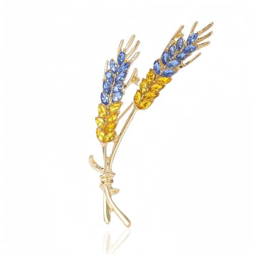 Image of Wheat Brooch Pin Blue Yellow Rhinestones Plant and Flower Suit Lapel Pins for Women Men Jewelry Gift (Upper Blue+Lower Yellow), 2.6*0.43*1.0in
