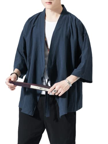 Men's Japanese Kimono Cardigan Loose Cotton Linen 3/4 Sleeve Open Front Casual Summer Shirt Jackets4
