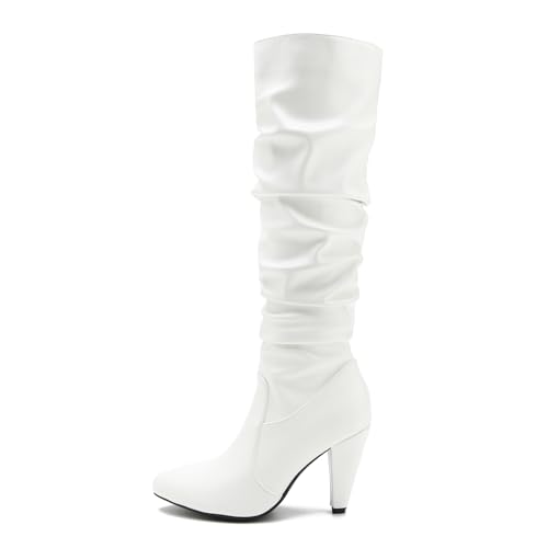 Women's Knee High Boots Pointed Toe Sexy Kitten Cone Heel Slouchy Boots Side Zipper Pleated Leather Tall Boots2