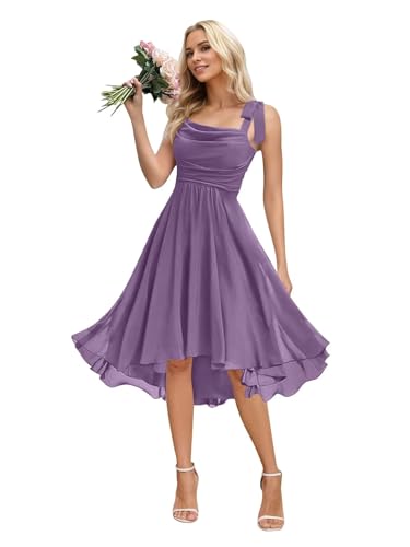Chiffon Short Bridesmaid Dresses for Wedding Cowl Neck Ruched Formal Dress Evening Party Gown with Bow