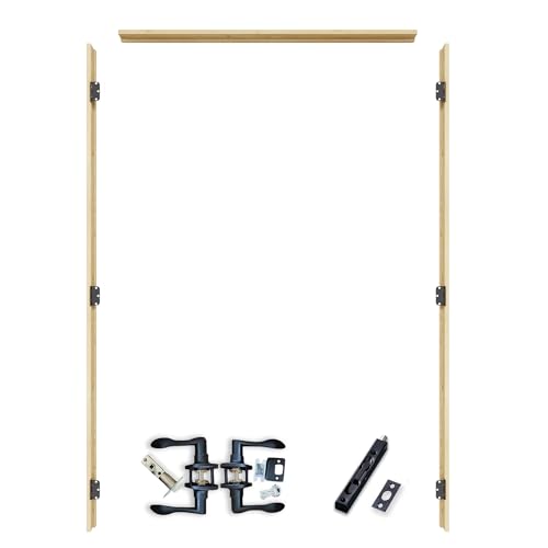 Pine Wood French Door Jamb Frame Kits, Assemly Required, Complete with 6 Black Hinges & Door Seal Strips & Pre-Drilled Top Latch & Levers, Multi-Size Adjustable Jamb (Supports a Width of Up to 72'')