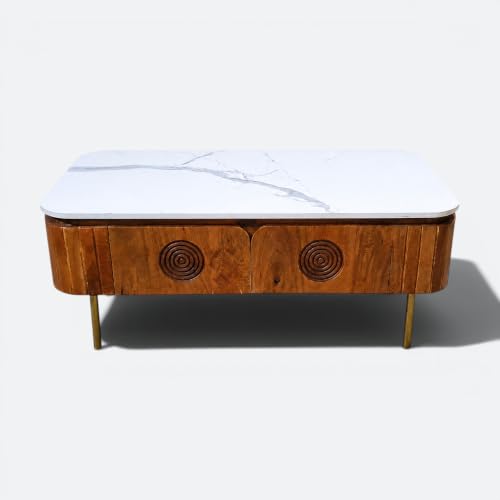 Image of Solid Wood Mandala Coffee Table with Sintered Stone Top for Living Room | Dark Teak Finish Lacquered | 115 cm (W) x 60 cm (D) x 45 cm (H)