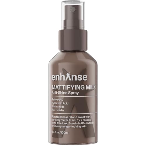 ENHANSE Mattifying Milk Anti Shine Matte Spray for Men, Hydrating Hyaluronic Acid, Rice Powder, RejuveNAD, Liquid Powder to Blur Pores & Control Shine, Clean, Oily Skin, 3.4 Fl Oz