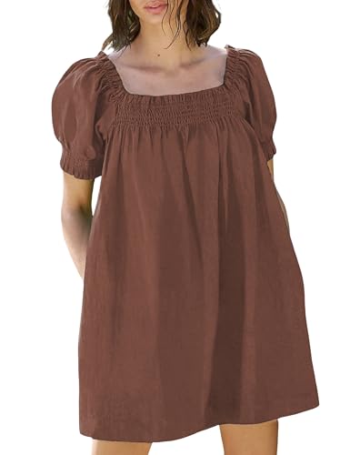 Image of Huaqiao Womens Summer Mini Dress 2026 A-Line Square Neck Puff Sleeve Beach Sundress Casual Short Dress with Pockets