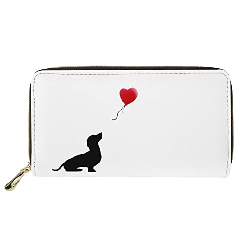 Dolyues niedlicher Dackel mit rotem Ballon-Aufdruck Kreditkartenetuis für Frauen, Lange Pu-Leder-Reißverschluss, Geld-Clutch-Taschen, Handyhülle, Geldbörse