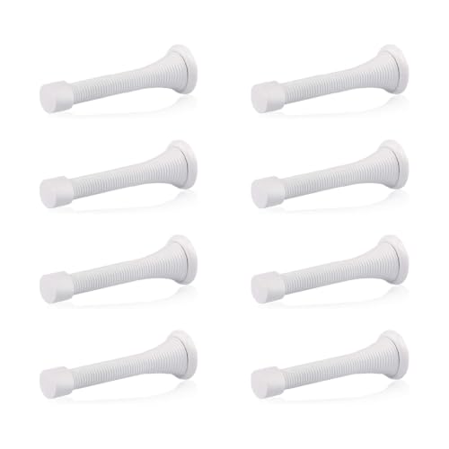 HOMOTEK 8 Pack Spring Door Stops,3-1/8” Heavy Duty Door Stop - Flexible Spring Door Stopper with Low Mounted White Rubber Bumper Tips, White