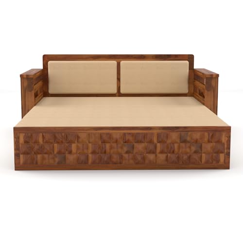 Image of Sheesham Wooden 3 Seater Sofa Cum Bed with Storage - Modern Daybed with Upholstered Backrest | Living Room Convertible Sofa Bed - Wooden Sofa Cum Bed with Mattress (Design 1)