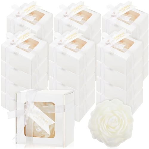 Threlaco 24 Sets Wedding Gift Candle Scented Flower Candle Gift Bridal Shower Favor Flower Candles Ribbon Thank You Tags for Wedding, Bachelorette Party Anniversary, Birthday Favor Supply Decorations