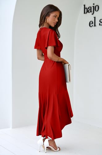 Image of Memoriesea Women's Elegant V Neck Ruffle Sleeve Wrap Bodycon Cocktail Maxi Dress Red