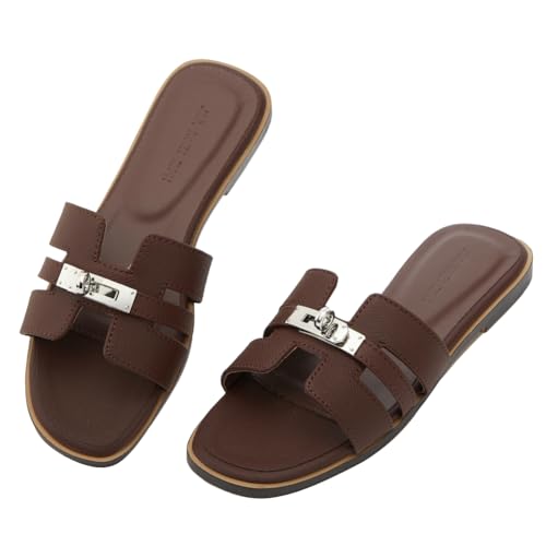 Women's Flat Sandals Casual Slip On H-Band Slippers for Women Leather Dressy Square Open Toe Summer Beach Vacations Slides Sandals