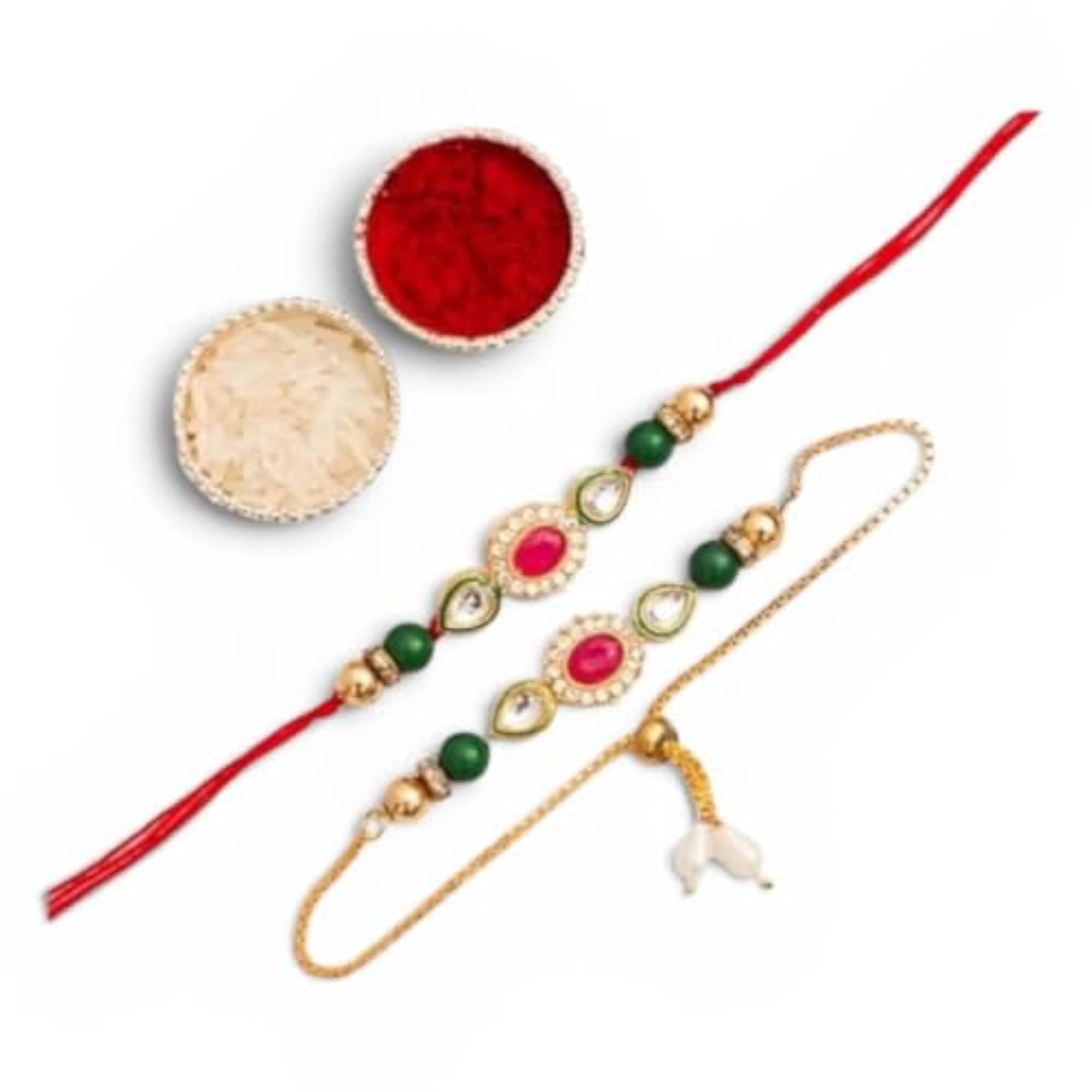 Kundan Stone Work Pair Rakhi Set with Roli Chawal Kit