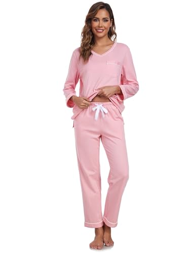 COLORFULLEAF Women's 100% Cotton Pajama Set Long Sleeve Sleepwear with Pants Soft Comfy Two-Piece Pjs with Pockets