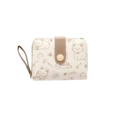 Carteiras femininas, carteira feminina pequena e fofa, porta-cartão de crédito com estampa de gato fofo com zíper para dinheiro, chaves, cartão de identificação, moedas, Marrom