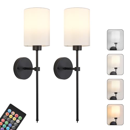 Image of Battery Operated Wall Sconces Set of Two,Wireless Rechargeable Wall Light With Remote Control, Dimmable, 1800K /3000K /4000K /6000K /RGB, Timer, for Living Room, Bedroom, Fireplace, TV, 23.6 Inch Black