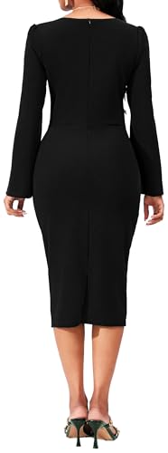 Image of Dresses for Women Elegant Long Sleeves Ruffles Pencil Knee Length Split Business Dress with Belt Zipper