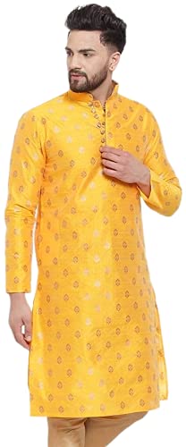 Mens Kurta Set Festive Season Men's Tunic Art Cotton Kurta Pajama Wedding Party Suit Dress Festivals Season Ethnic Party Dress Suit 2-Piece Set By WAKAR MANSURI SHOP (Yellow, 5XL - 60 x 66 Inches)