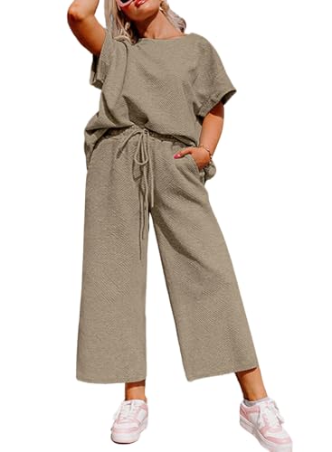 Eytino Womens Plus Size Sweatsuits Casual Short Sleeve Tops High Waist Wide Leg Pants 2 Piece Tracksuit Lounge Sets(1X-5X)