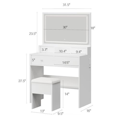 image for Haewon White Vanity Desk with Mirror, Lights and Charging Station, Mak