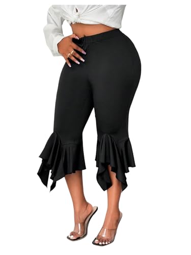 Women's Plus Size Ruffle Capris Pants High Waisted Skinny Asymmetrical Flared Leggings