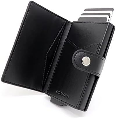 STEALTH Wallet RFID Card Holders - Smart Minimalist NFC Blocking Pop Up Wallets with Gift Box - Slim Lightweight Metal Credit Cards Holder & Contactless Protector (Grey Aluminium with Black Leather)