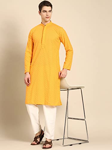 Image of Rajubhai Hargovindas Men Pure Cotton Chikankari Embroidered Straight Kurta