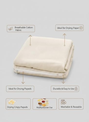 Image of Unbleached Cotton Drying Cloth with Mesh Net & Zipper | Breathable Papad, Vadagam, Spices & Millet Dryer | Reusable, Washable Food Drying Net Cover (29x38 cm)