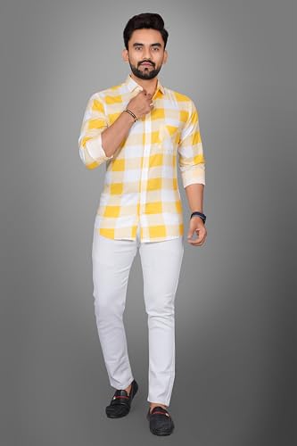Image of Voroxy Men's Casual Checks Shirt with Pockets Cotton Blend Stylish Branded Checkered Pattern Formal Shirt & Regular Fit Full Sleeves and Spread Collar Style