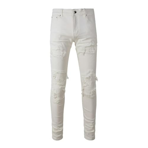 Jeans Pants Trousers Denim Men Street Trendy White Worn Hole Pierced Hairy Fringe Personalized Wrinkle Elastic Tight Stretch Slim Fit Casual Small Leg(White,31)4